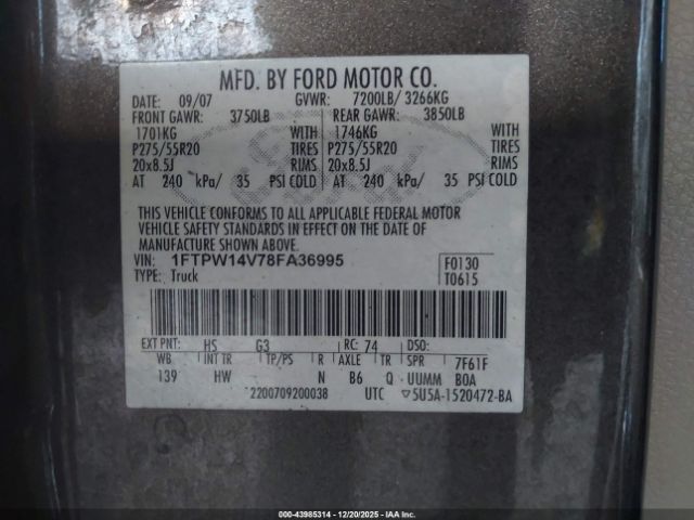 2008 FORD F-150 1FTPW14V78FA36995 Photo 8