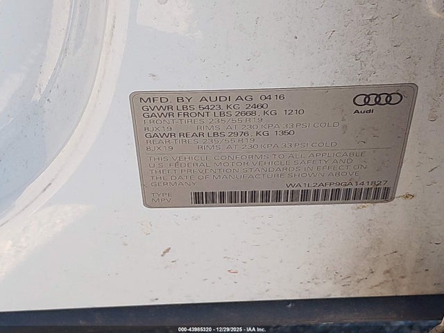 Aukcja sprzedaży 2016 Audi Q5 2.0t Premium, vin: WA1L2AFP9GA141827, numer aukcji: 43985320