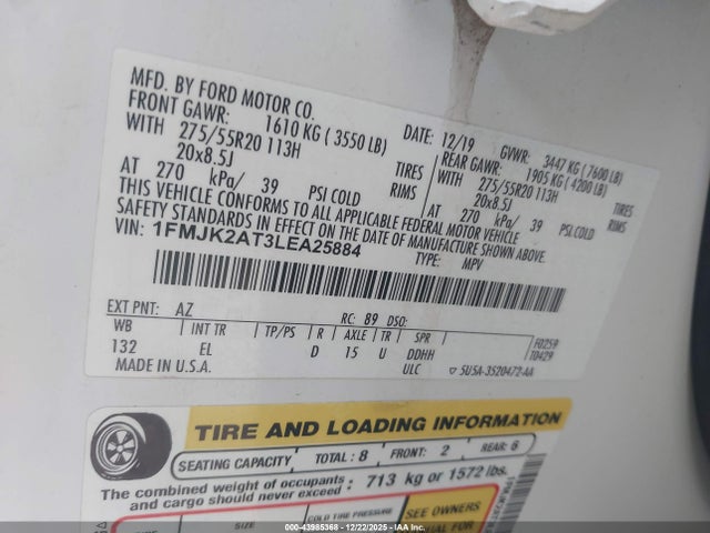 2020 Ford Expedition Limited Max მანქანა იყიდება აუქციონზე, vin: 1FMJK2AT3LEA25884, აუქციონის ნომერი: 43985368