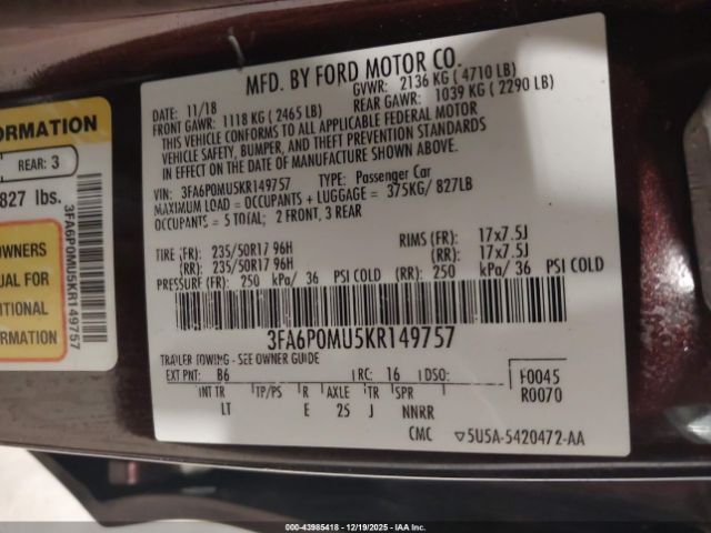 2019 FORD FUSION HYBRID 3FA6P0MU5KR149757 Photo 8