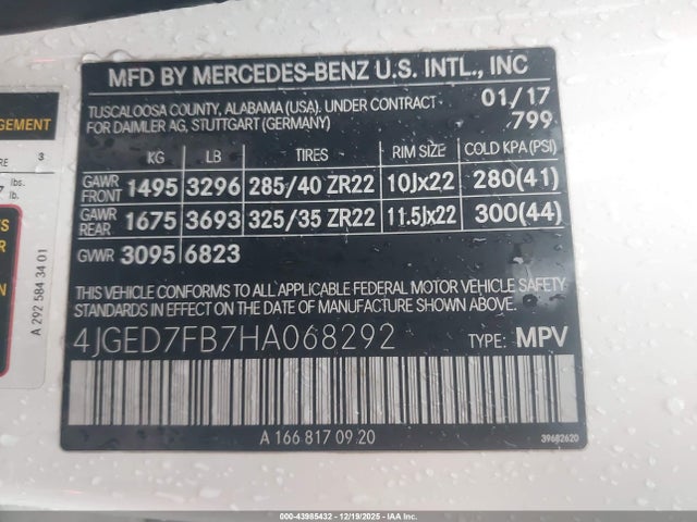 43985432 :رقم المزاد ، 4JGED7FB7HA068292 vin ، 2017 Mercedes-benz Amg Gle 63 Coupe S 4matic مزاد بيع