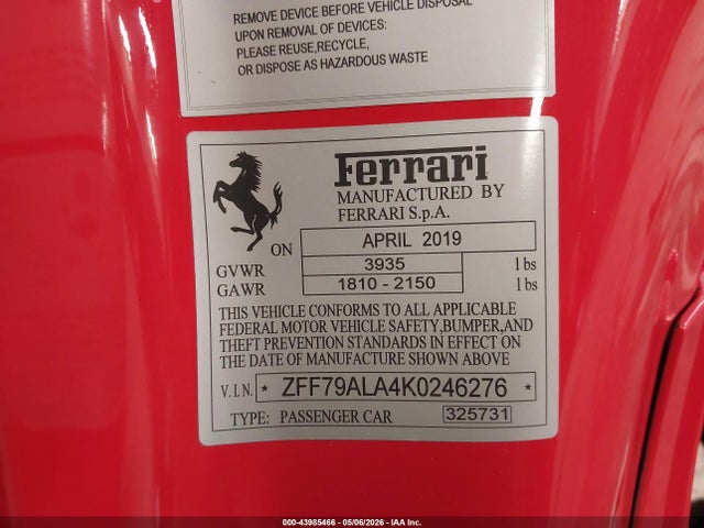 Aukcja sprzedaży 2019 Ferrari 488 Gtb, vin: ZFF79ALA4K0246276, numer aukcji: 43985466