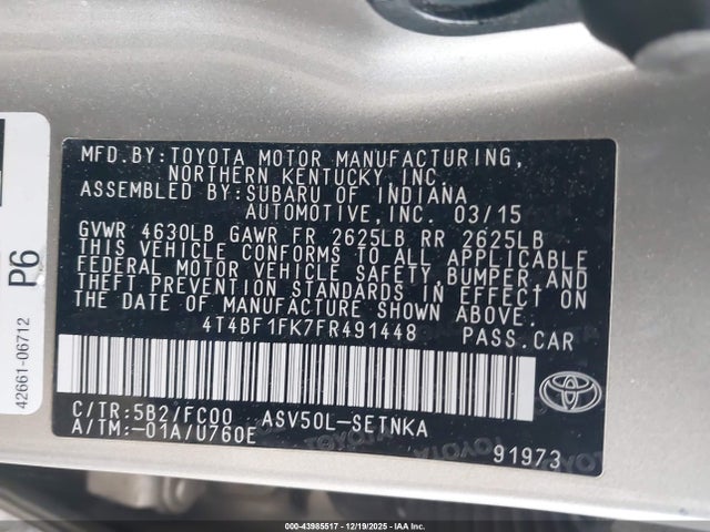4T4BF1FK7FR491448 Toyota CAMRY LE