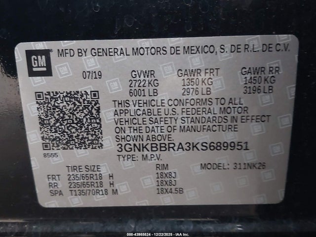 3GNKBBRA3KS689951 Chevrolet Blazer