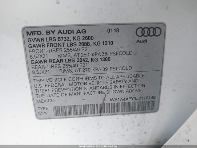 43985550 :رقم المزاد ، WA1A4AFY3J2118149 vin ، 2018 Audi Sq5 3.0t Premium Plus مزاد بيع