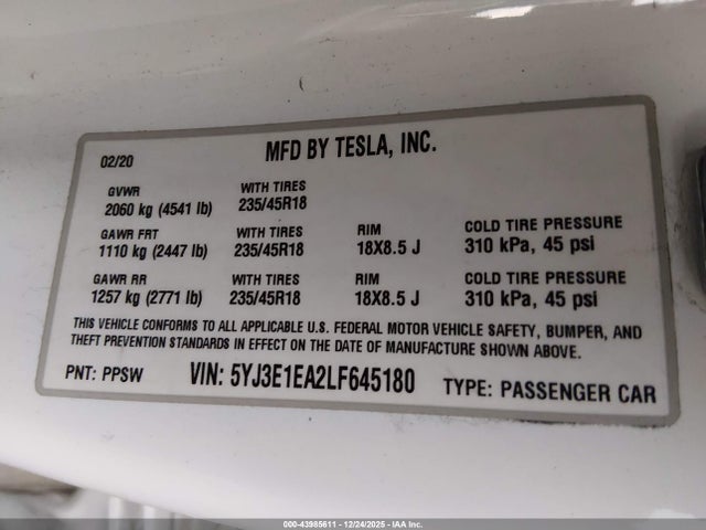 2020 TESLA MODEL 3 5YJ3E1EA2LF645180 Photo 8