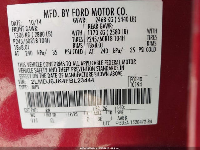 Aukcja sprzedaży 2015 Lincoln Mkx, vin: 2LMDJ6JK4FBL23444, numer aukcji: 43985614