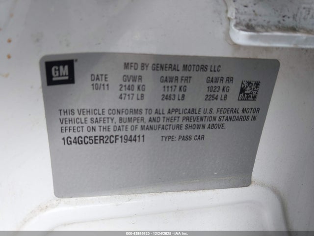 Продаж на аукціоні авто 2012 Buick Lacrosse Leather Group, vin: 1G4GC5ER2CF194411, номер лоту: 43985620