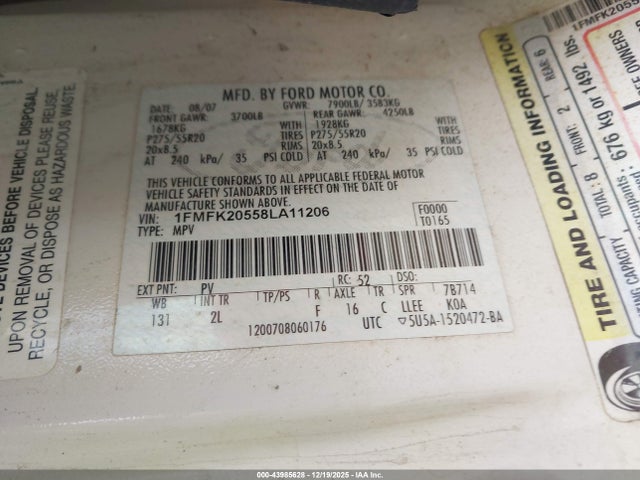 2008 FORD EXPEDITION EL 1FMFK20558LA11206 Photo 8