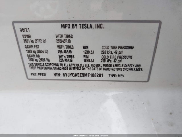 2021 TESLA MODEL Y 5YJYGAEE9MF188291 Photo 8