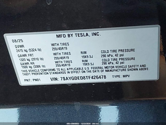 7SAYGDED8TF426478 Tesla Model Y Rwd