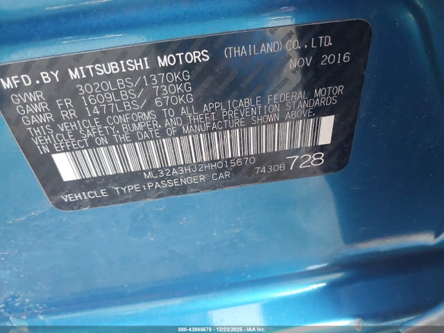2017 MITSUBISHI MIRAGE ML32A3HJ2HH015670 Photo 8