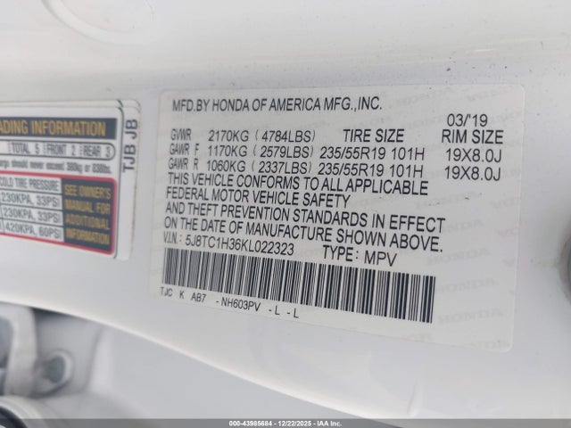 Aukcja sprzedaży 2019 Acura Rdx Standard, vin: 5J8TC1H36KL022323, numer aukcji: 43985684
