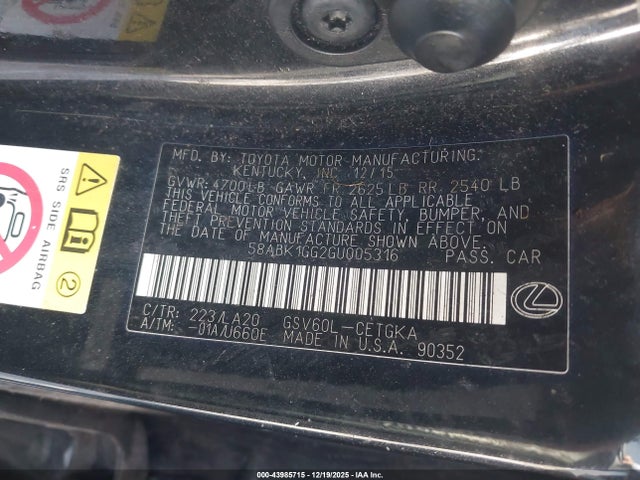 58ABK1GG2GU005316 Lexus ES 350