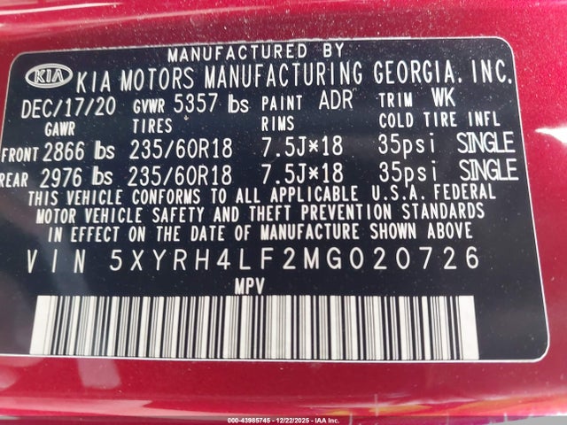 KIA SORENTO EX 2021 5XYRH4LF2MG020726 Image 9