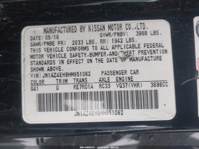 43985787 :رقم المزاد ، JN1AZ4EH9HM951062 vin ، 2017 Nissan 370z Nismo/nismo Tech/sport/sport Tech/touring مزاد بيع