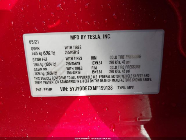 2021 TESLA MODEL Y 5YJYGDEEXMF199138 Photo 8