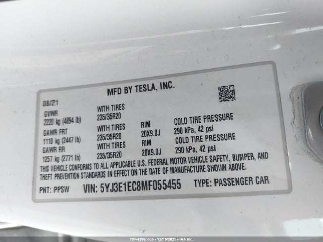 2021 TESLA MODEL 3 5YJ3E1EC8MF055455 Photo 8