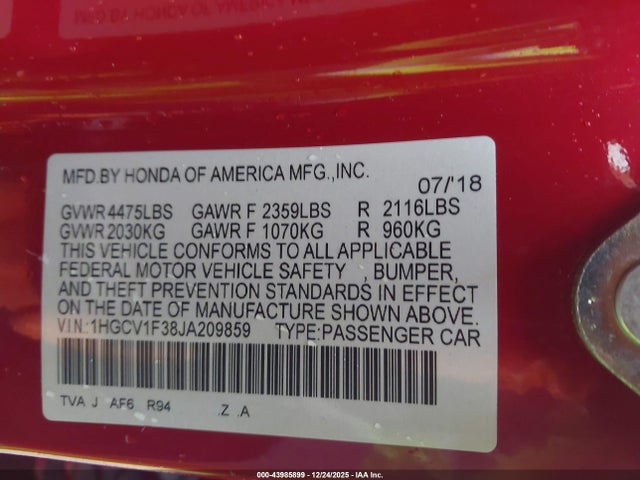 1HGCV1F38JA209859 Honda Accord Sport