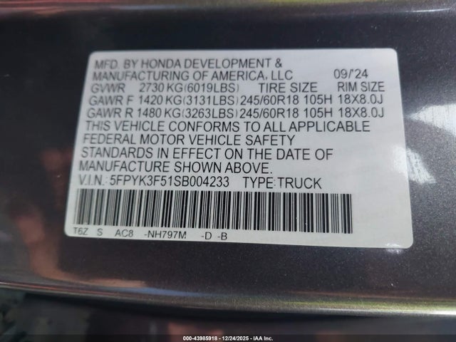 5FPYK3F51SB004233 Honda Ridgeline Rtl