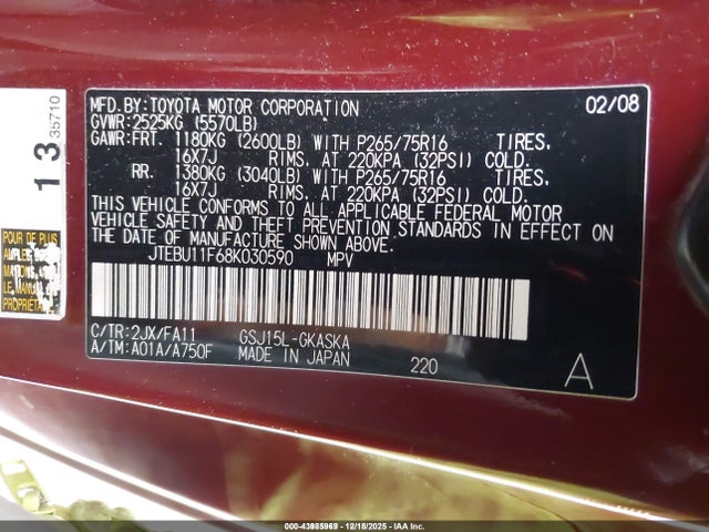Aukcja sprzedaży 2008 Toyota Fj Cruiser, vin: JTEBU11F68K030590, numer aukcji: 43985969