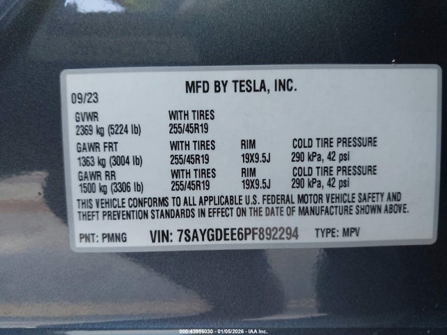 Продажа на аукционе авто 2023 Tesla Model Y, vin: 7SAYGDEE6PF892294, номер лота: 43986030