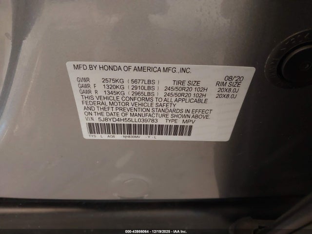 Продаж на аукціоні авто 2020 Acura Mdx Technology Package, vin: 5J8YD4H55LL039783, номер лоту: 43986064