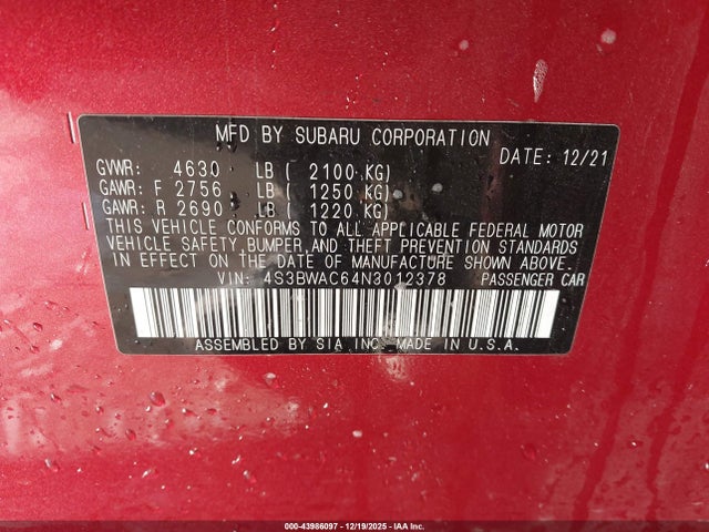 43986097 :رقم المزاد ، 4S3BWAC64N3012378 vin ، 2022 Subaru Legacy Premium مزاد بيع