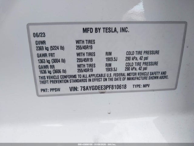 Aukcja sprzedaży 2023 Tesla Model Y Awd/long Range Dual Motor All-wheel Drive, vin: 7SAYGDEE3PF810618, numer aukcji: 43986100