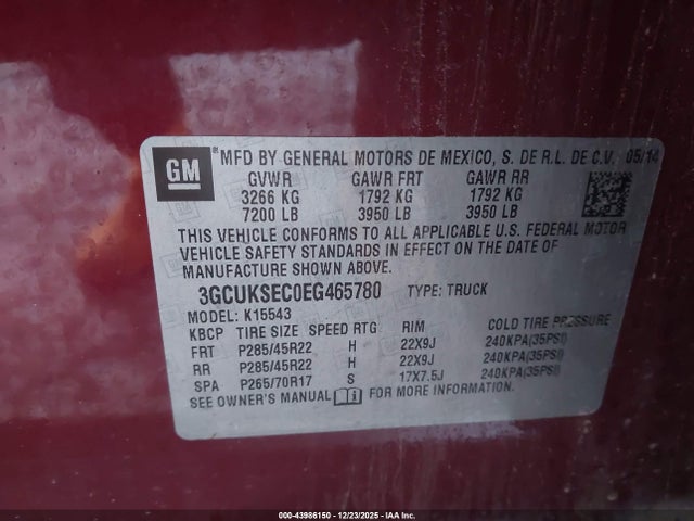 Продаж на аукціоні авто 2014 Chevrolet Silverado 1500 1lz, vin: 3GCUKSEC0EG465780, номер лоту: 43986150