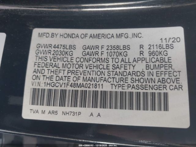 2021 HONDA ACCORD 1HGCV1F48MA021811 Photo 8