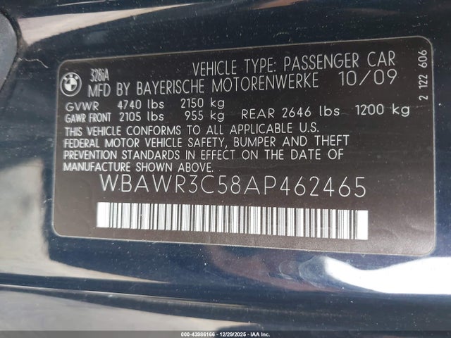 Aukcja sprzedaży 2010 Bmw 328 I Sulev, vin: WBAWR3C58AP462465, numer aukcji: 43986166