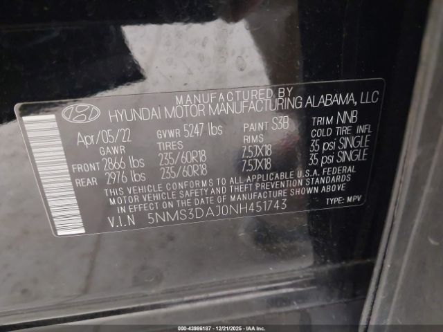 2022 HYUNDAI SANTA FE 5NMS3DAJ0NH451743 Photo 8