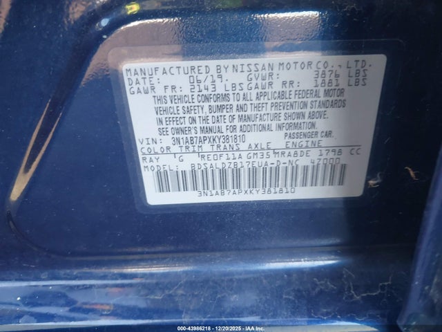 2019 Nissan Sentra Sv მანქანა იყიდება აუქციონზე, vin: 3N1AB7APXKY381810, აუქციონის ნომერი: 43986218