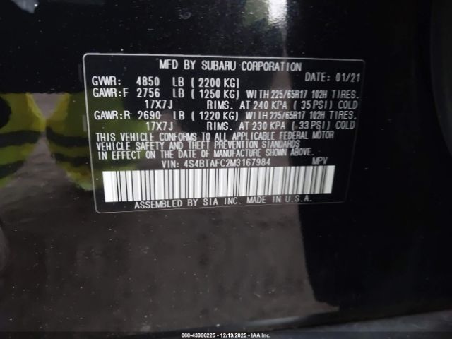 2021 SUBARU OUTBACK 4S4BTAFC2M3167984 Photo 8