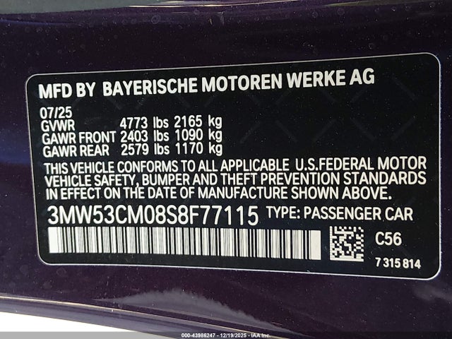 43986247 :رقم المزاد ، 3MW53CM08S8F77115 vin ، 2025 Bmw M240 I Xdrive مزاد بيع