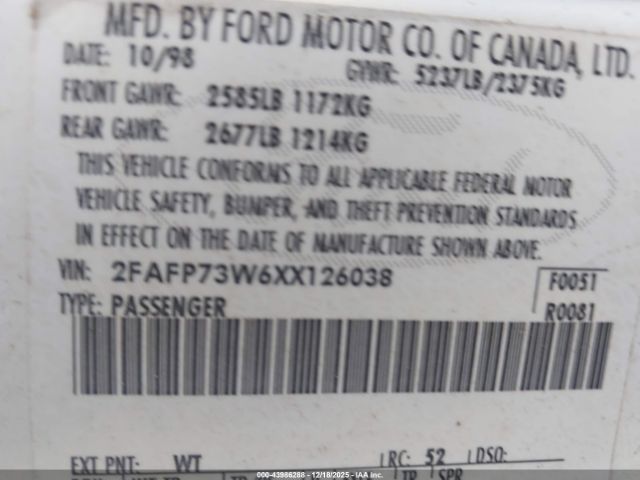 1999 FORD CROWN VICTORIA 2FAFP73W6XX126038 Photo 8