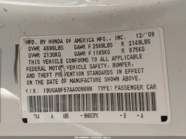 43986344 :رقم المزاد ، 19UUA8F57AA008688 vin ، 2010 Acura Tl 3.5 مزاد بيع