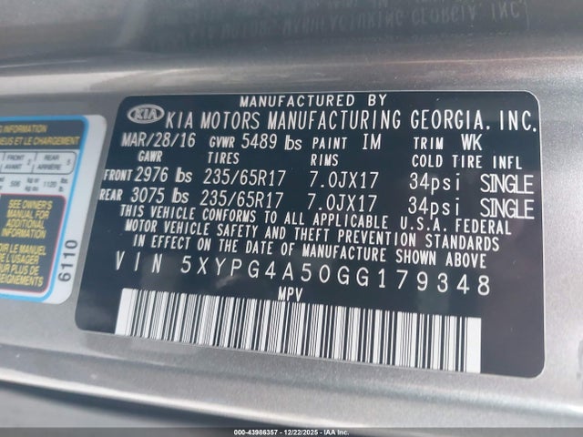 5XYPG4A50GG179348 KIA Sorento 3.3l Lx