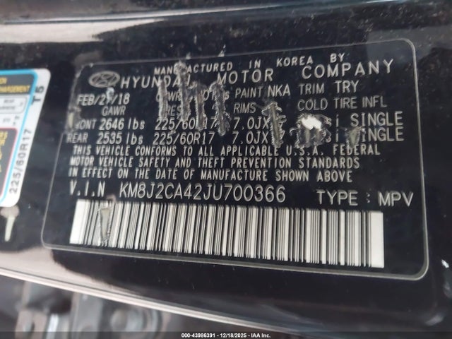 Aukcja sprzedaży 2018 Hyundai Tucson Se, vin: KM8J2CA42JU700366, numer aukcji: 43986391