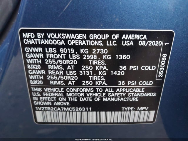Продажа на аукционе авто 2021 Volkswagen Atlas 3.6l V6 Sel Premium, vin: 1V2TR2CA7MC526311, номер лота: 43986449