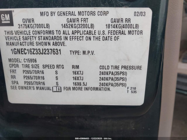 2003 Chevrolet Suburban 1500 Ls მანქანა იყიდება აუქციონზე, vin: 1GNEC16Z33J237631, აუქციონის ნომერი: 43986453