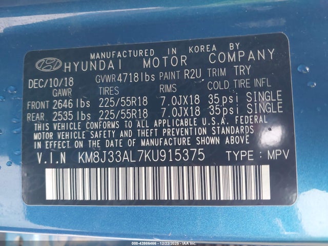 Aukcja sprzedaży 2019 Hyundai Tucson Limited, vin: KM8J33AL7KU915375, numer aukcji: 43986466