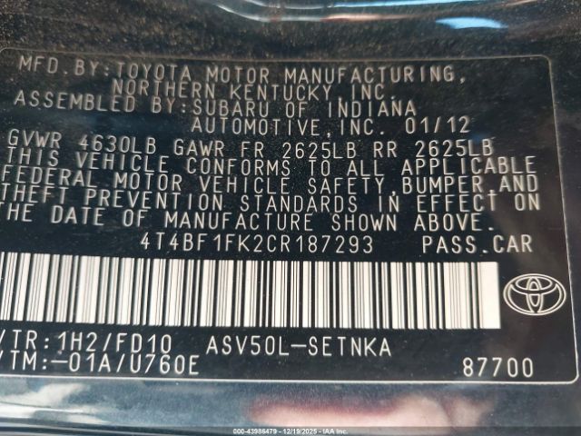 2012 TOYOTA CAMRY 4T4BF1FK2CR187293 Photo 8