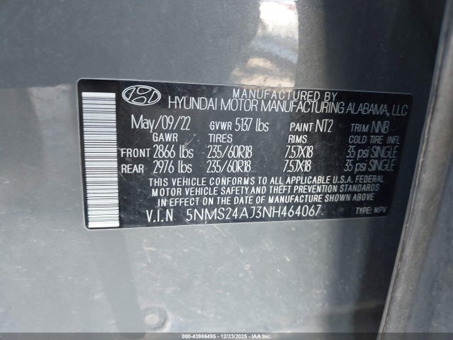 Aukcja sprzedaży 2022 Hyundai Santa Fe Sel, vin: 5NMS24AJ3NH464067, numer aukcji: 43986495