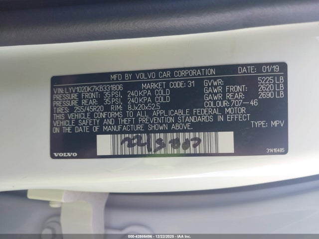 LYV102DK7KB331806 Volvo Xc60 T5 Momentum