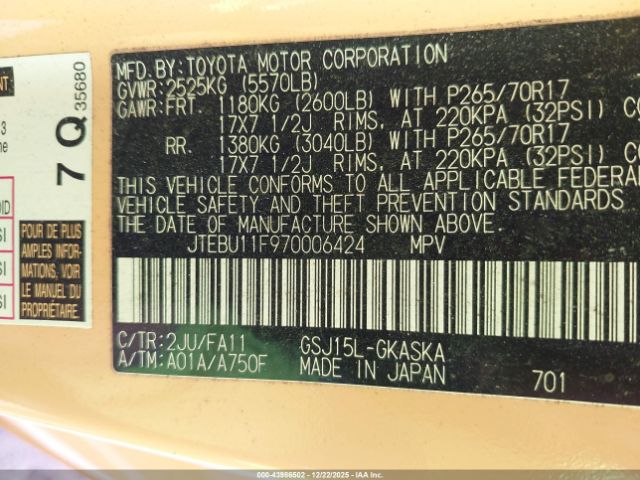 2007 TOYOTA FJ CRUISER JTEBU11F970006424 Photo 8