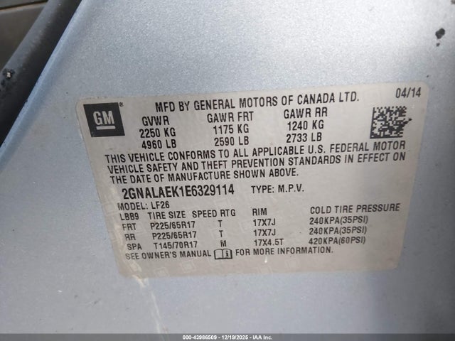 43986509 :رقم المزاد ، 2GNALAEK1E6329114 vin ، 2014 Chevrolet Equinox Ls مزاد بيع