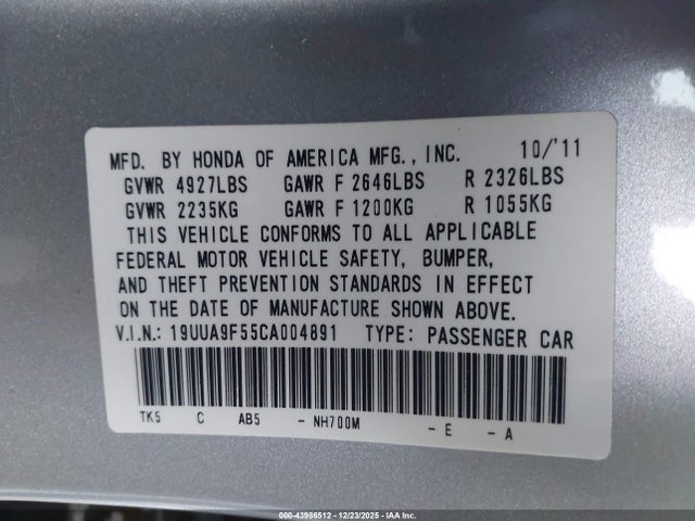 43986512 :رقم المزاد ، 19UUA9F55CA004891 vin ، 2012 Acura Tl 3.7 مزاد بيع