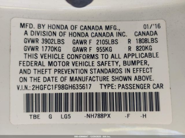 2016 HONDA CIVIC 2HGFC1F98GH635617 Photo 8